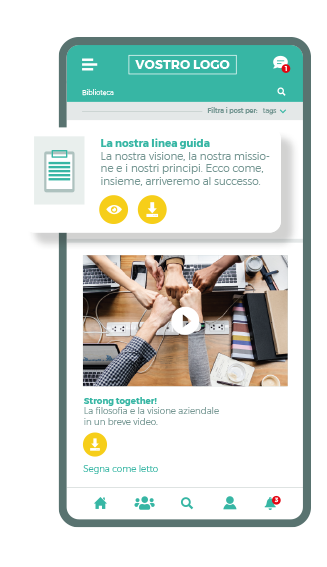 La schermata smartphone mostra la biblioteca e l'archivio documenti dell'intranet mobile app lolyo