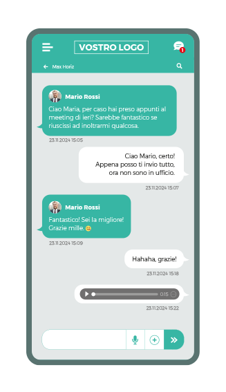 La schermata smartphone mostra come funziona la chat all'interno dell'intranet mobile app lolyo