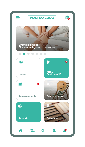La schermata smartphone mostra come funziona il menu principale dell'intranet mobile app lolyo