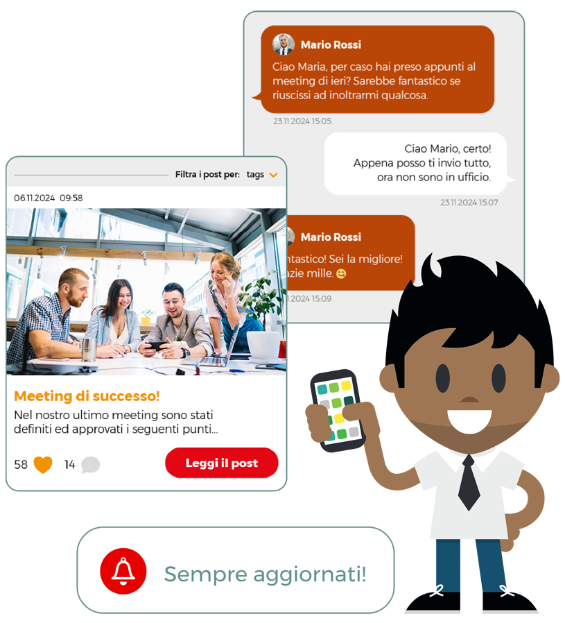 Schermata che mostra la chat dell'intranet mobile app lolyo e il feed delle news con figura con smartphone in mano che mostra la app