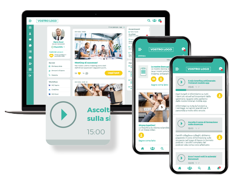 Grafica con schermate di lolyo intranet mobile app dove si vedono podcast e bacheca