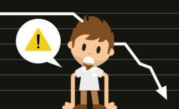 Grafica che mostra figura di ragazzo preoccupato con un diagramma in sottofondo che mostra risultati negativi e un punto esclamativo