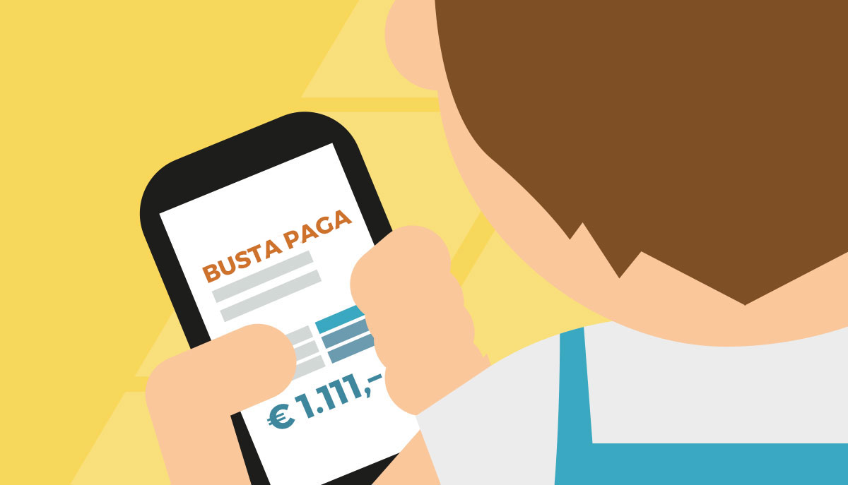 Figura di ragazzo con in mano uno smartphone e che mostra la casella di posta elettronica di lolyo aperta con la busta paga