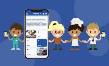 la community app visualizzata come una catena di figure che sono legate dall'intranet mobile app su sfondo blu