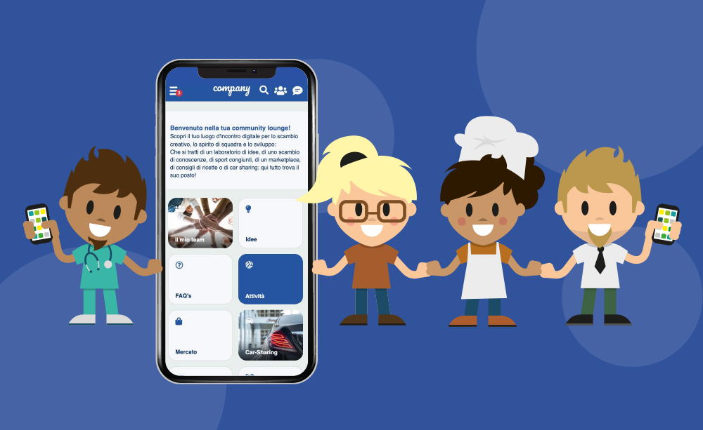 la community app visualizzata come una catena di figure che sono legate dall'intranet mobile app su sfondo blu