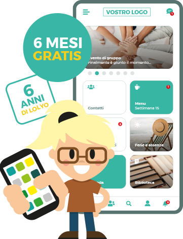 Figura di ragazza con occhiali bionda che regge uno smartphone in mano con la schermata di LOLYO